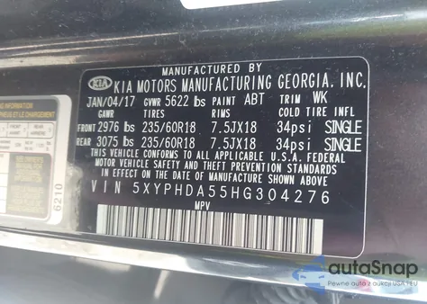2017 Kia Sorento 3.3L Ex from USA, damaged, VIN 5XYPHDA55HG304276